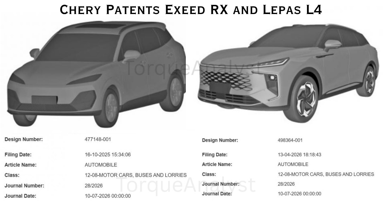 Chery Patents Exeed RX and Lepas L4 in India Ahead of JSW Chery Debut
