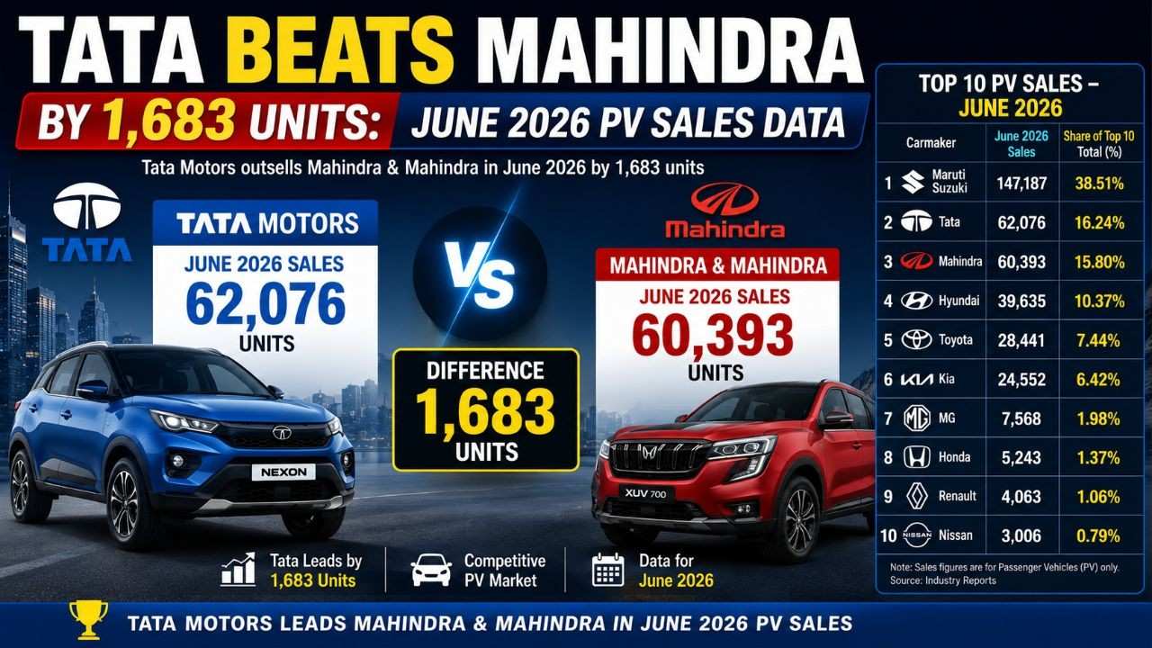Tata Beats Mahindra by 1,683 Units: June 2026 PV Sales Data